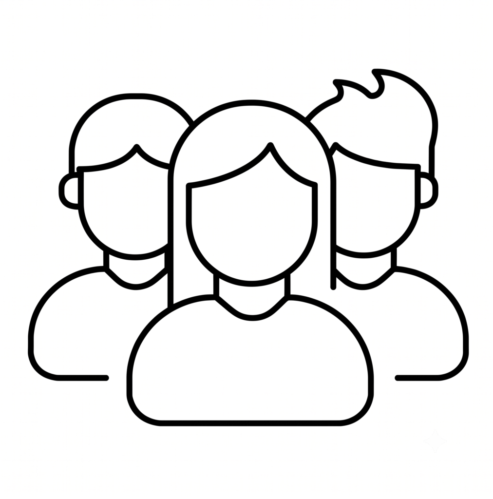 A minimalist black and white line art vector icon depicting a group of three team members, featuring a central female figure and two male figures on the sides.