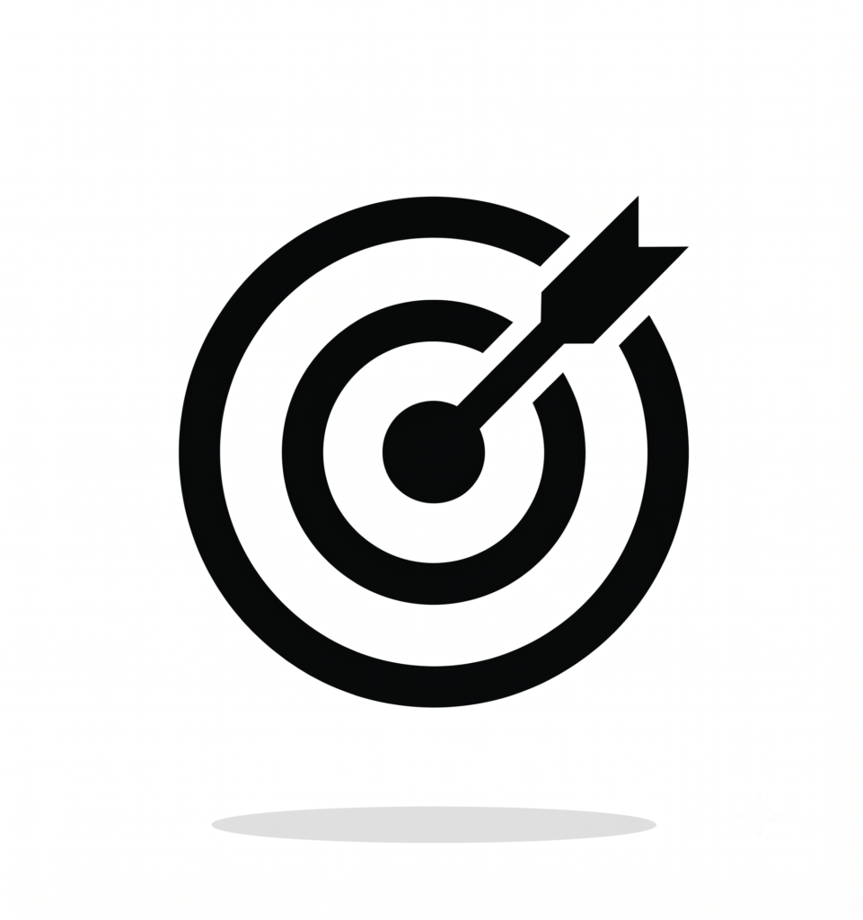 Black target and arrow icon representing business goals, strategic planning, and success.