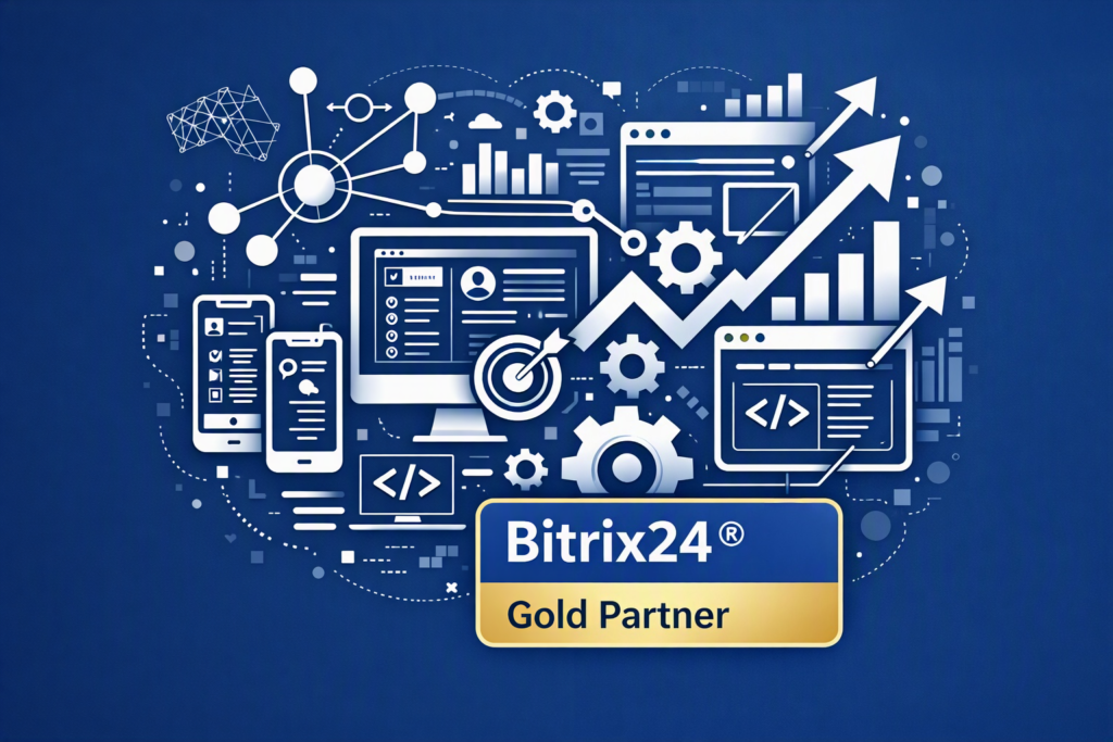 Bitrix24 Gold Partner visual showing CRM dashboard and web development icons on a blue background with white graphics and a golden badge.